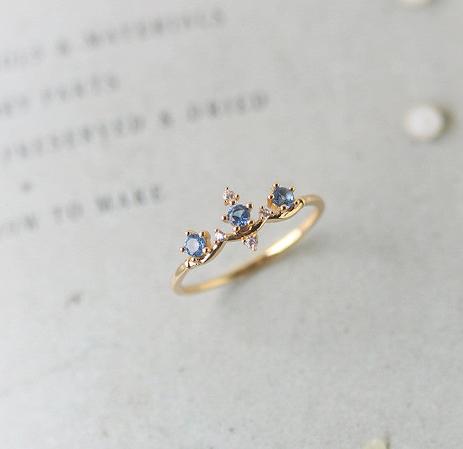 14K Gold Plated 925 Silver Crown Ring with Blue Zircon