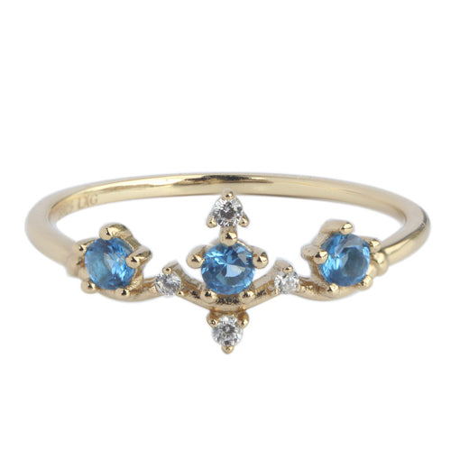 14K Gold Plated 925 Silver Crown Ring with Blue Zircon
