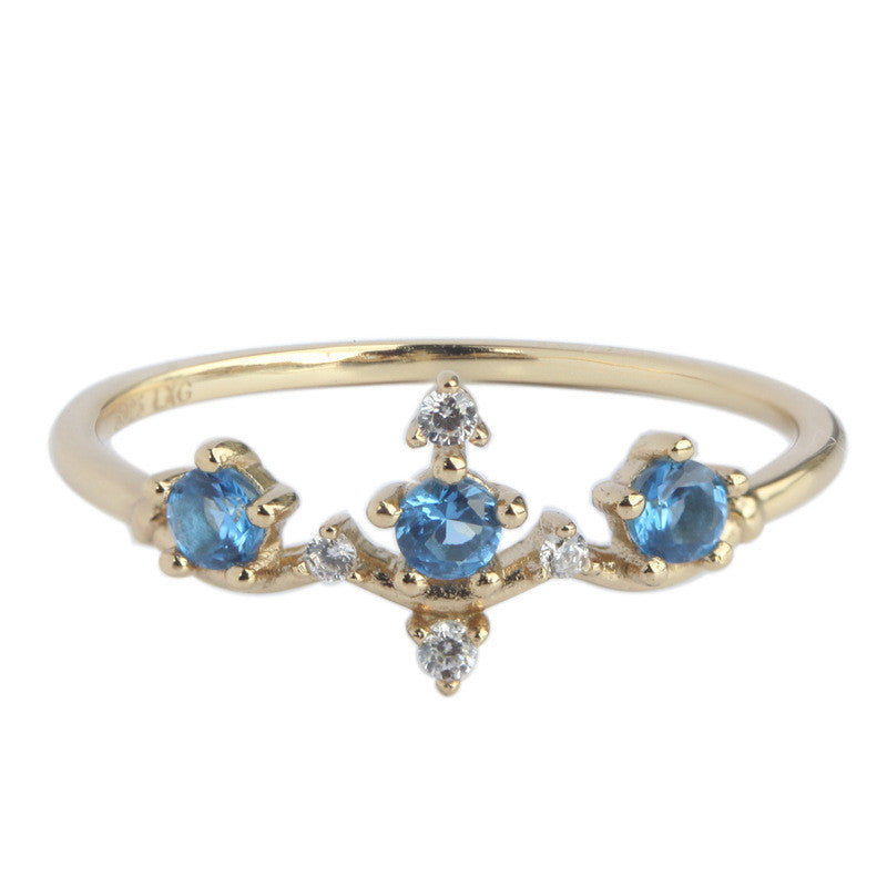 14K Gold Plated 925 Silver Crown Ring with Blue Zircon